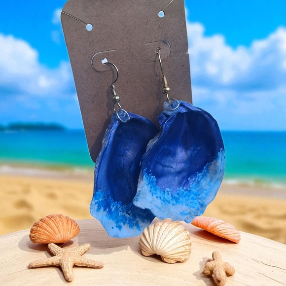 Blue Ocean Shell Earrings - Picture 1 of 7